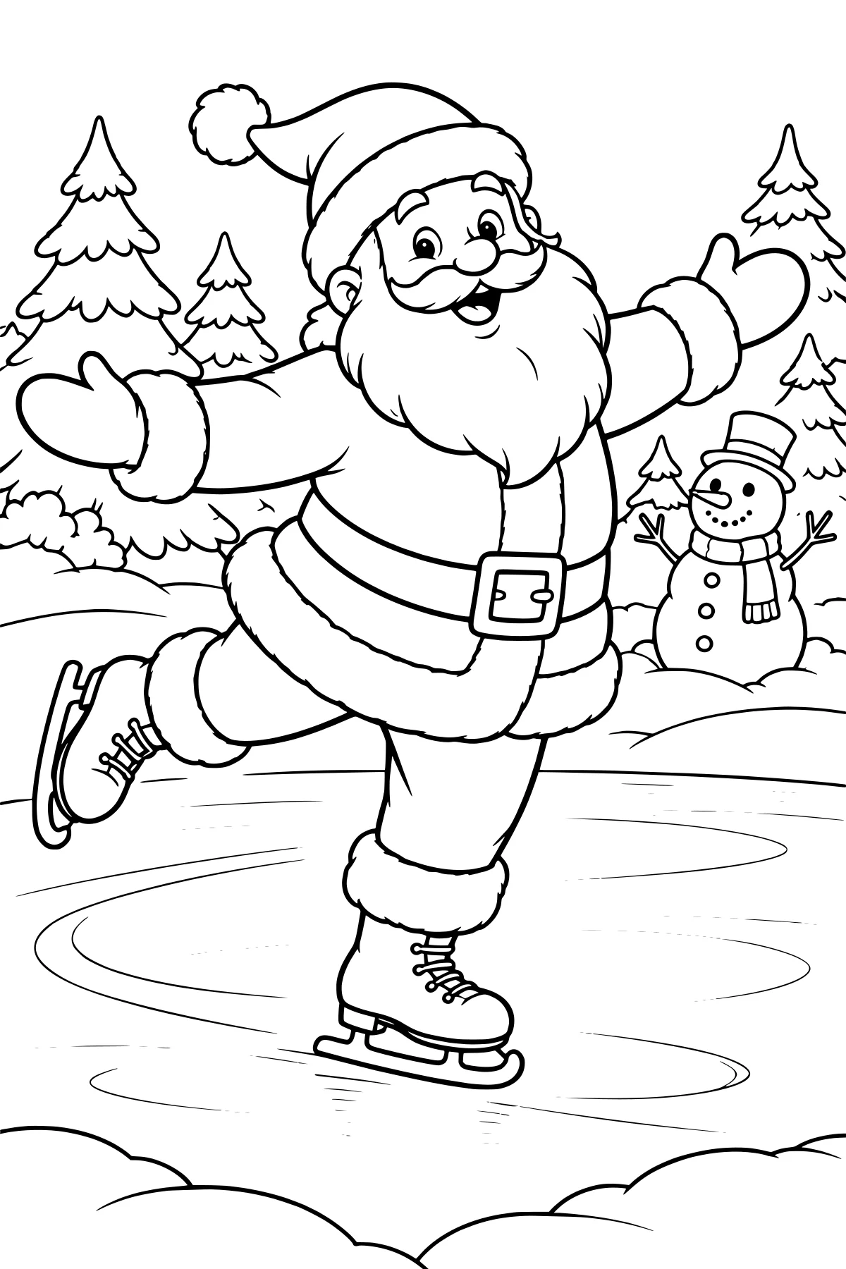 Black-and-white line art of Santa ice skating with arms spread, one skate lifted, evergreen trees and snowbanks behind, and curved skate marks across the ice.