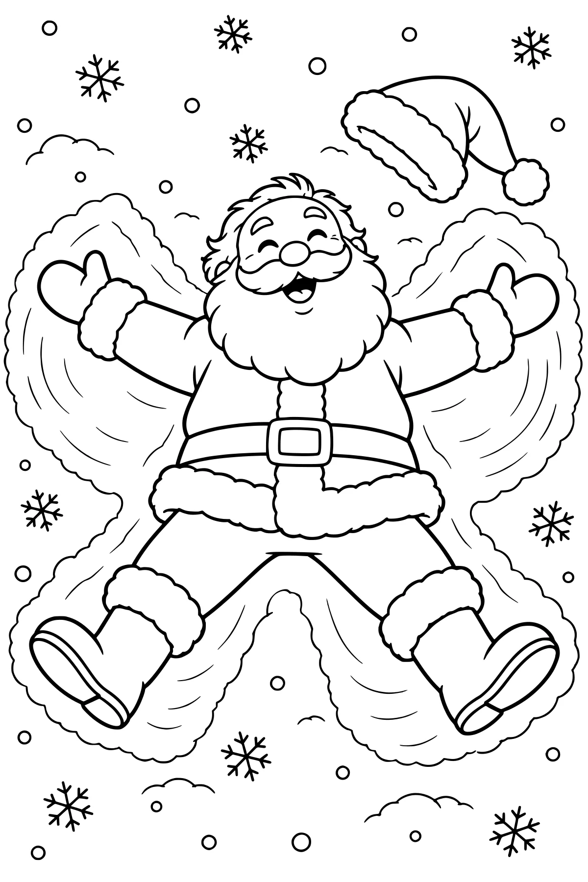 Santa lying with arms and legs spread in a snow angel, surrounded by snowflakes and a fluffy-trimmed hat.