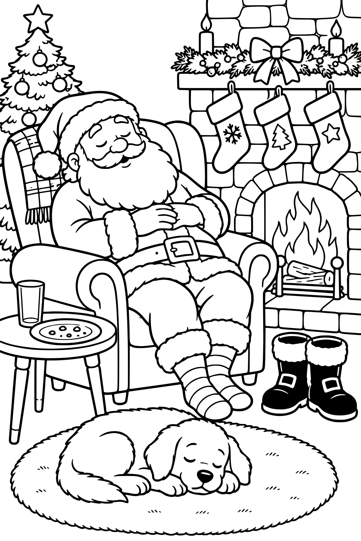 Santa asleep in a cushioned armchair beside a lit fireplace, with a decorated tree, stockings, boots, a snack table, and a sleeping dog on a round rug.
