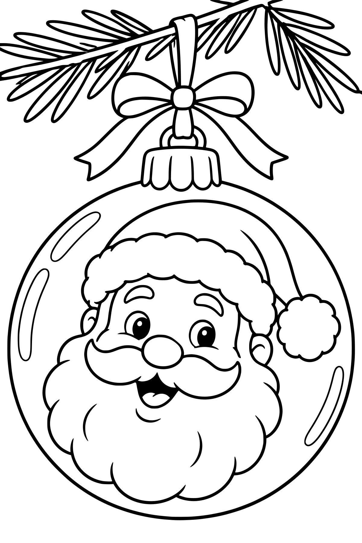 Santa’s face with a full beard and pom-pom hat inside a round ornament hanging by a bow from a pine branch.