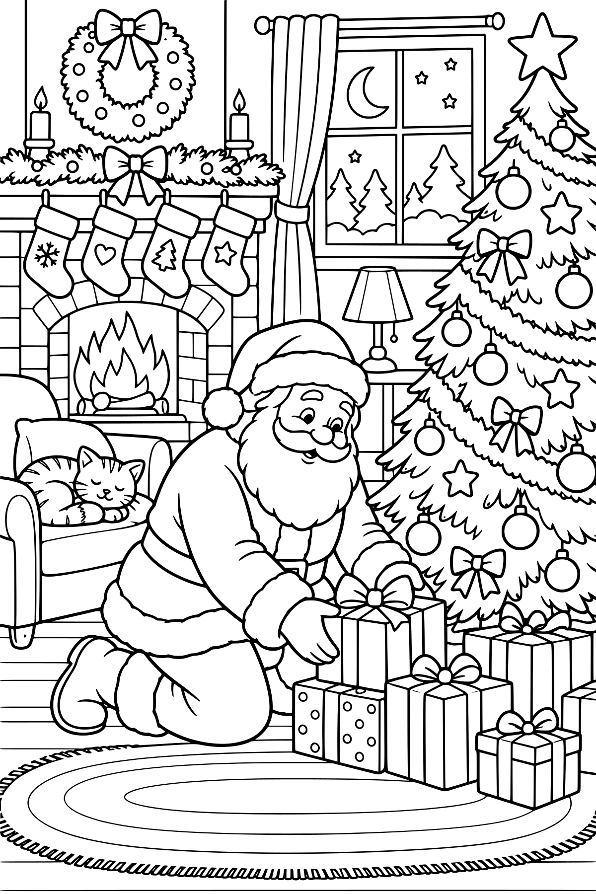 Santa kneeling beside wrapped gifts under a decorated Christmas tree, with a fireplace, stockings, resting cats, a lamp, and a moonlit window nearby.