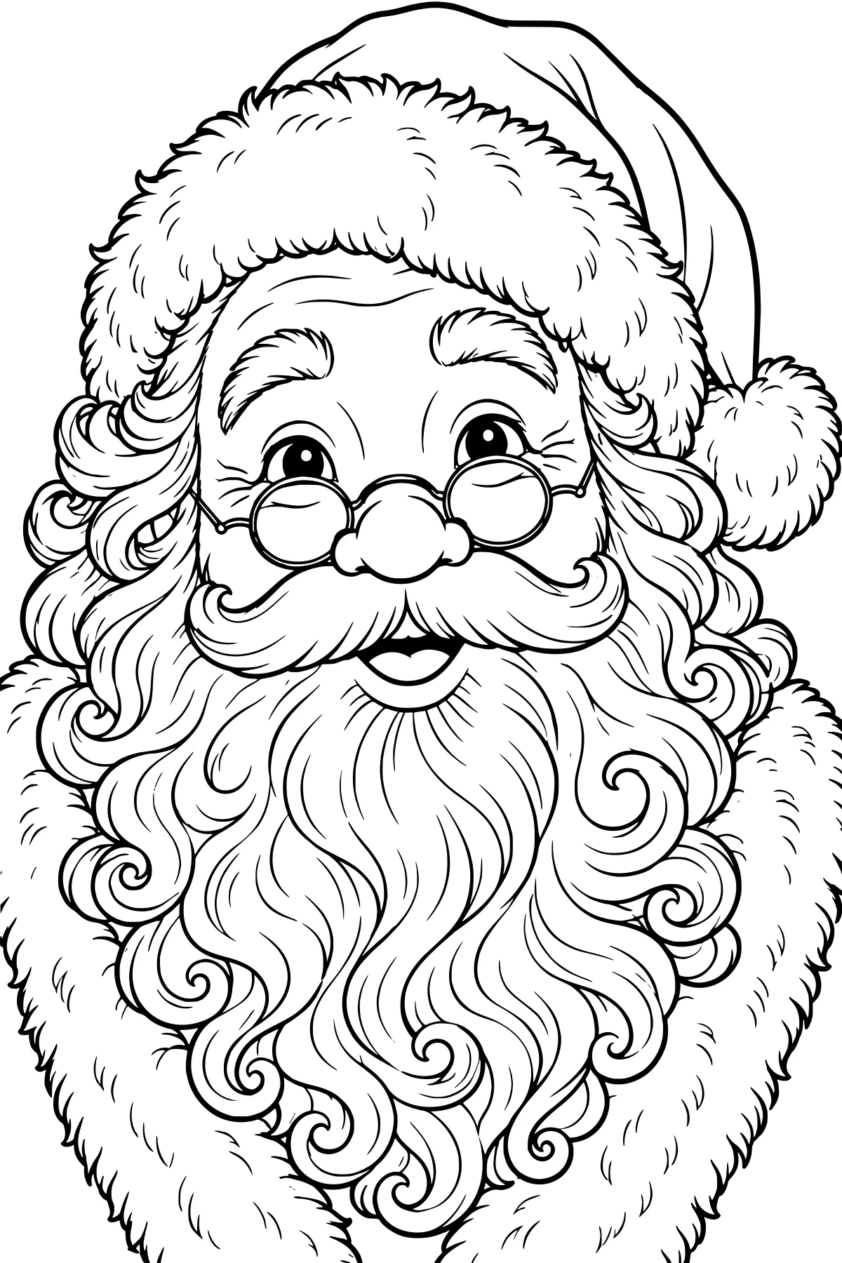 Close-up line art portrait of Santa wearing round glasses and a floppy hat, with a curled mustache, flowing beard, fluffy trim, and pom-pom.