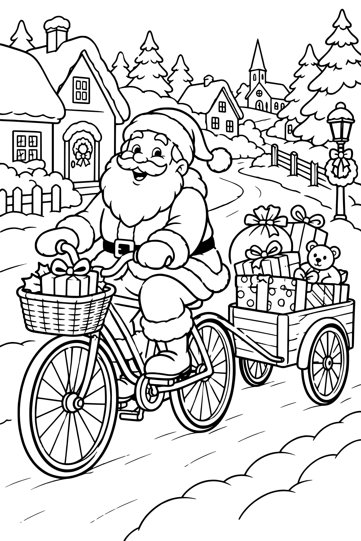 Santa riding a bicycle loaded with wrapped gifts, pulling a wooden trailer through a snowy village with cottages, fir trees, a church, fences, and a lamppost.