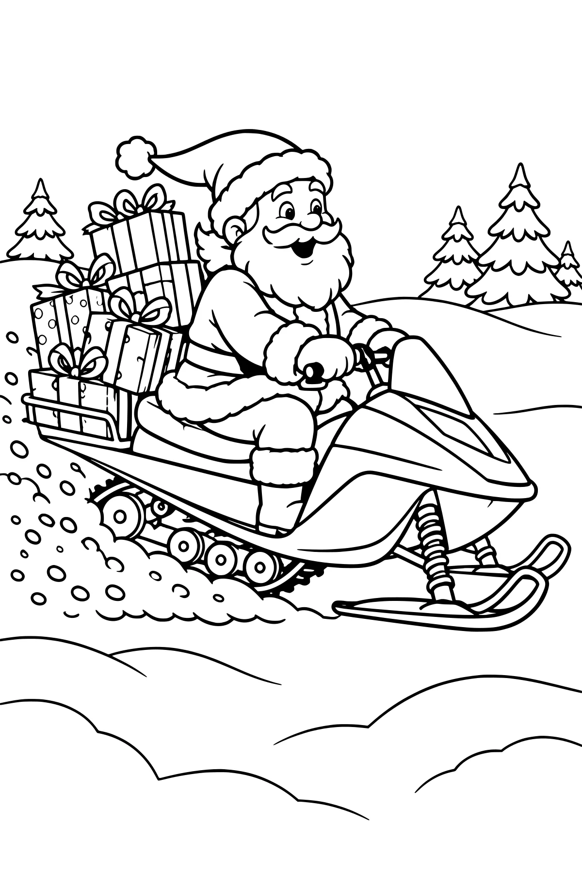 Santa driving a snowmobile through snowy hills with wrapped gifts stacked behind the seat and evergreen trees in the background.