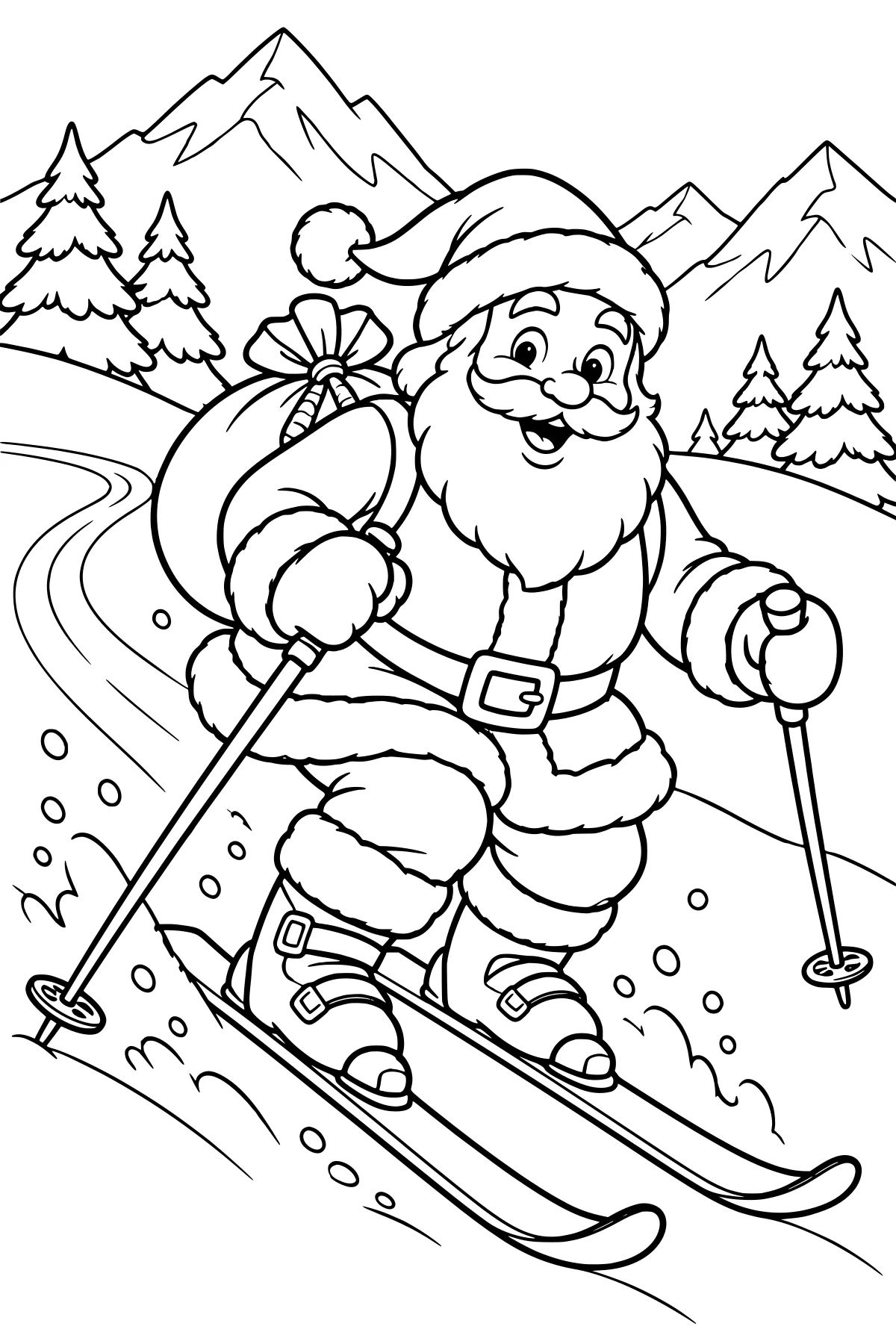 Santa skiing downhill with poles and a tied sack, surrounded by snowy slopes, evergreen trees, winding tracks, and mountain peaks.
