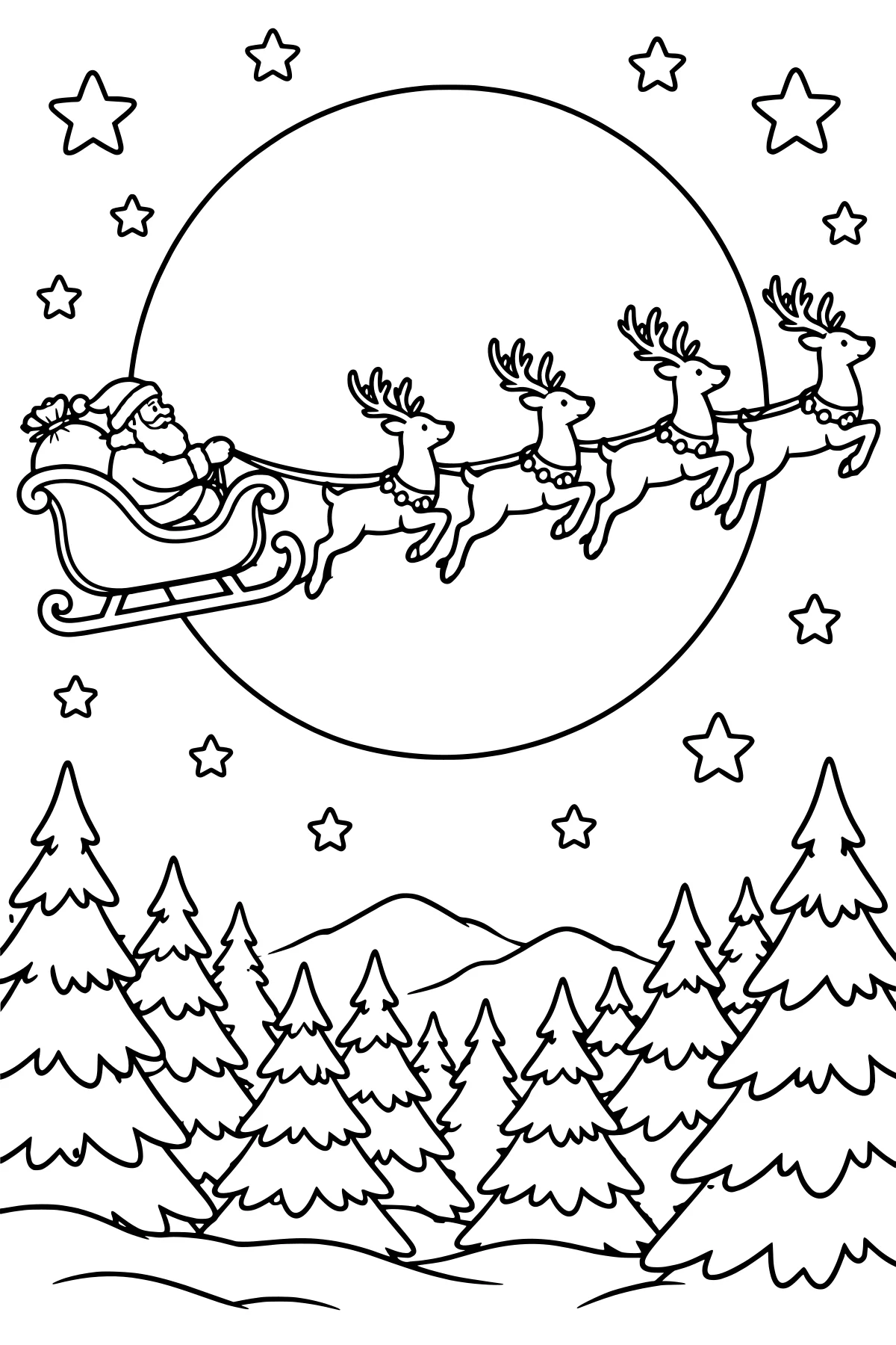 Santa in a curved sleigh with reindeer flying across a large moon above stars, snowy evergreen trees, and mountain slopes.