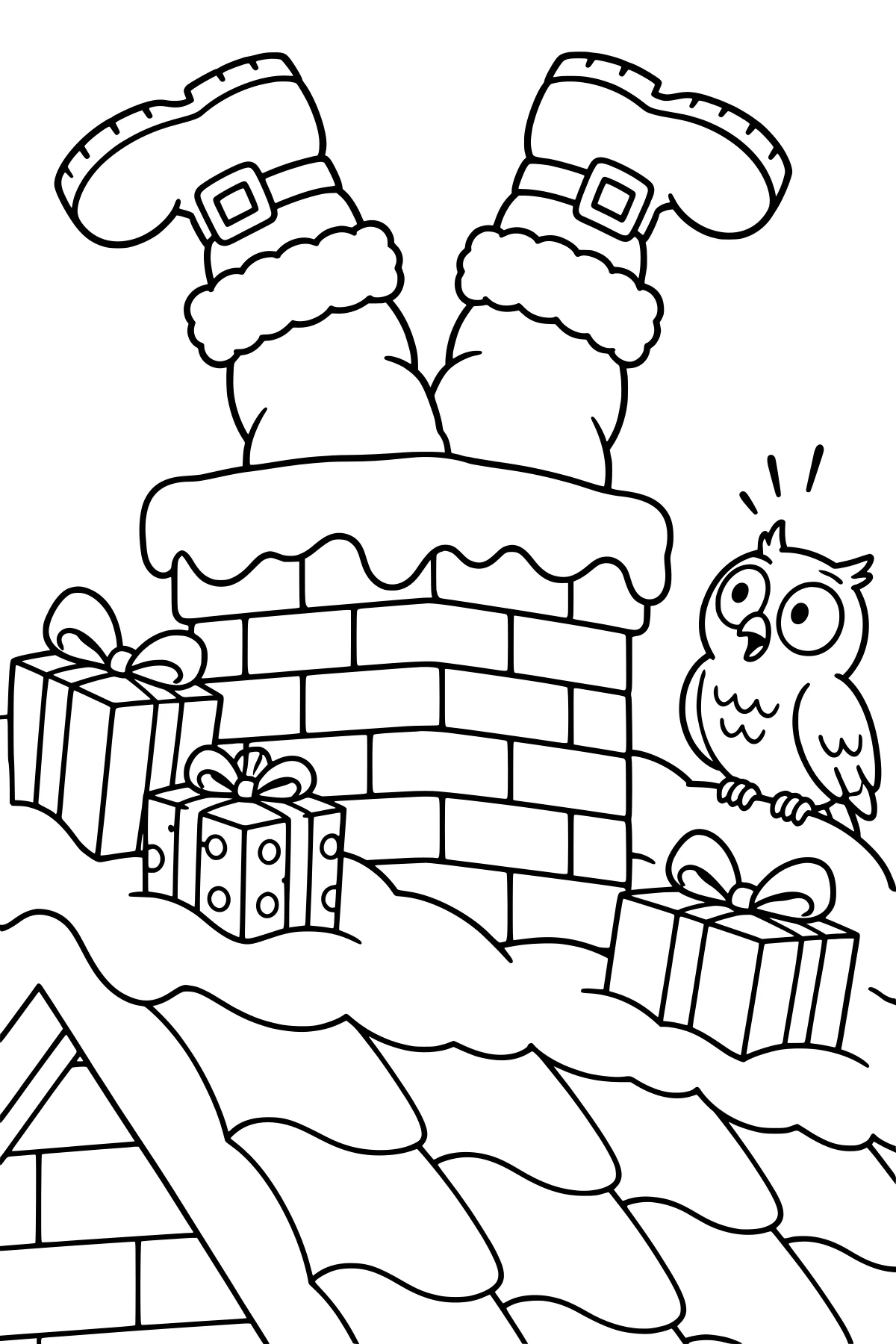 Santa’s boots and fur-trimmed legs sticking from a snowy brick chimney, with wrapped gifts and a wide-eyed owl on the rooftop