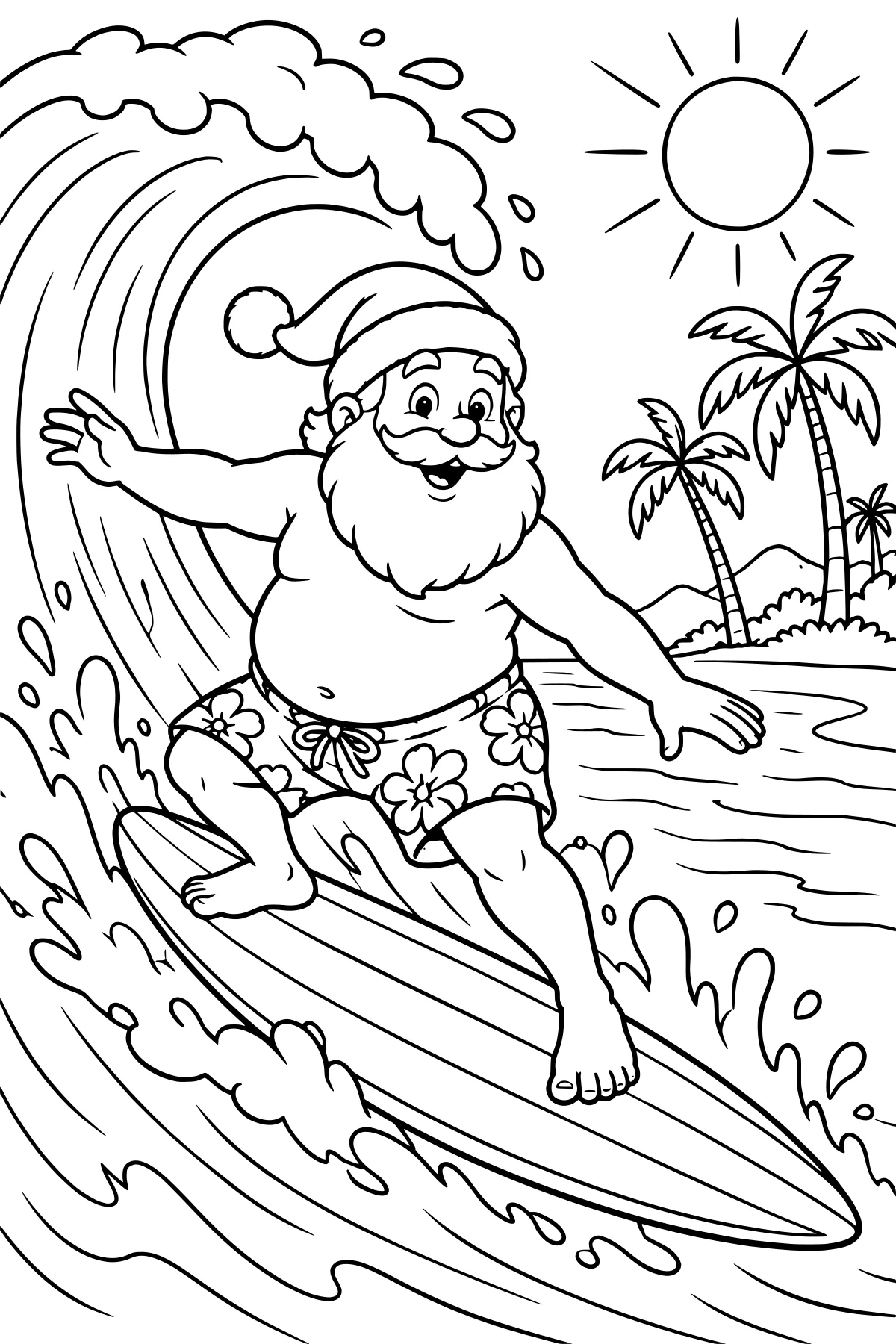 Santa riding a long surfboard on a curling wave near palm trees, distant hills and a round sun, wearing a pom-pom hat and floral shorts.