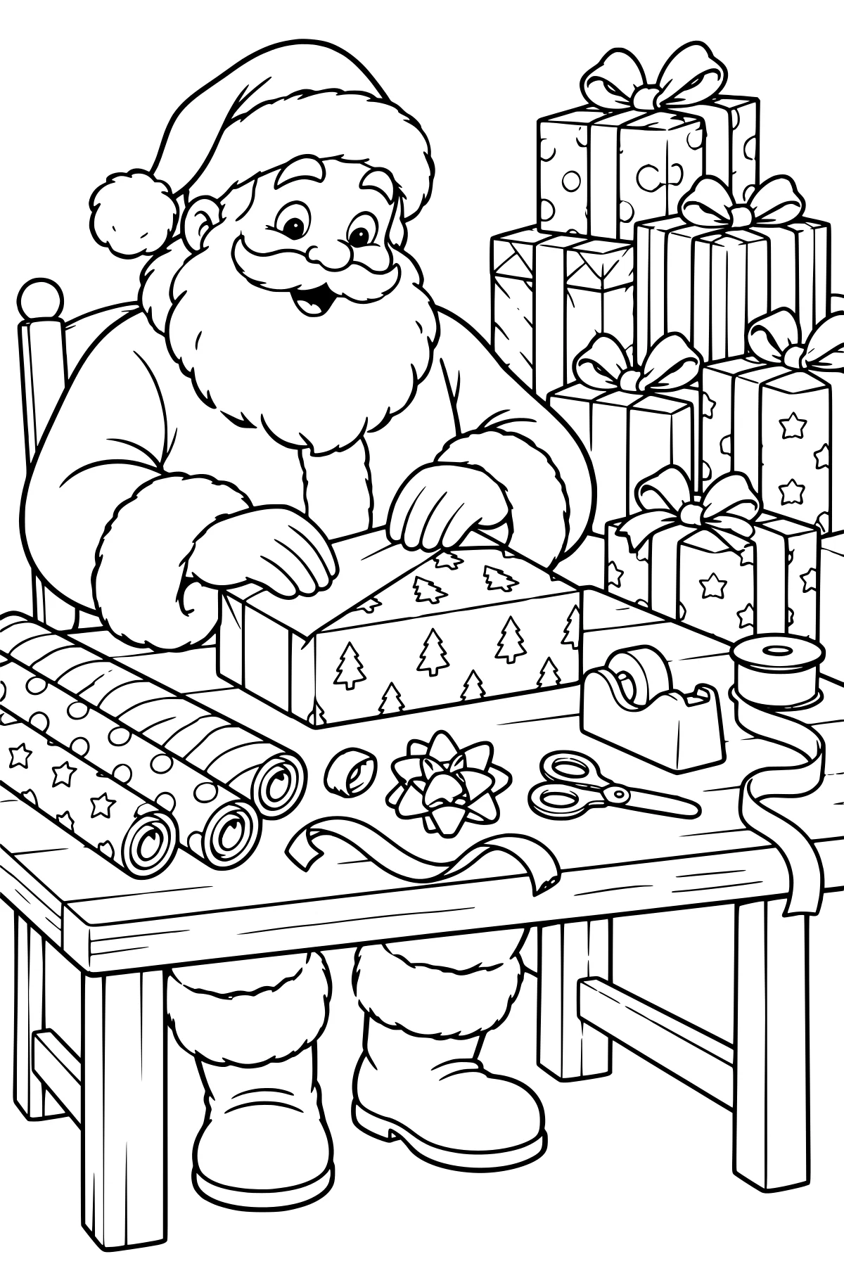 Santa wrapping a tree-patterned gift at a table with paper rolls, ribbon, tape, scissors, bows, and stacked presents.