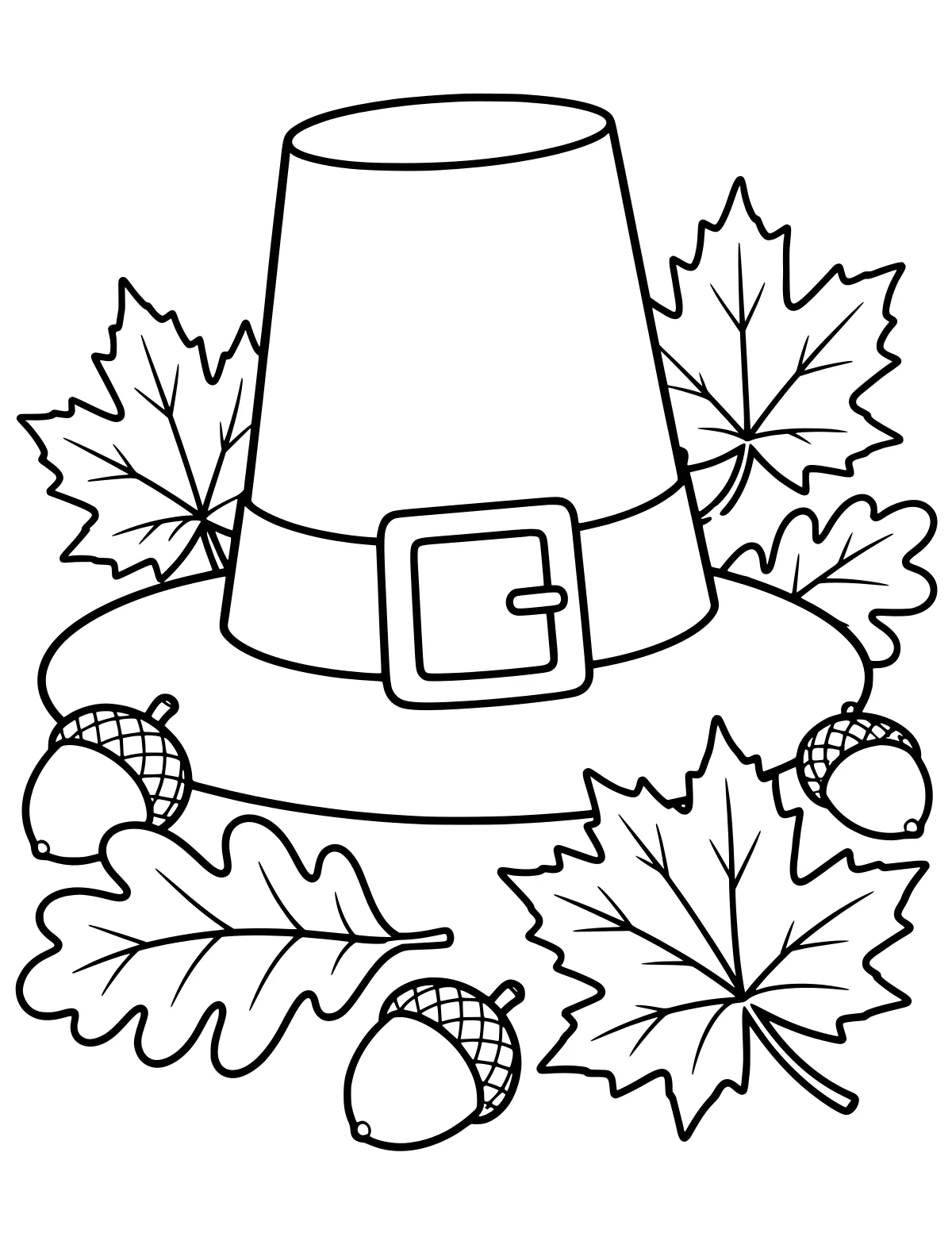 Wide-brimmed hat with a buckle, surrounded by maple leaves, oak leaves, and acorns in black-and-white line art.