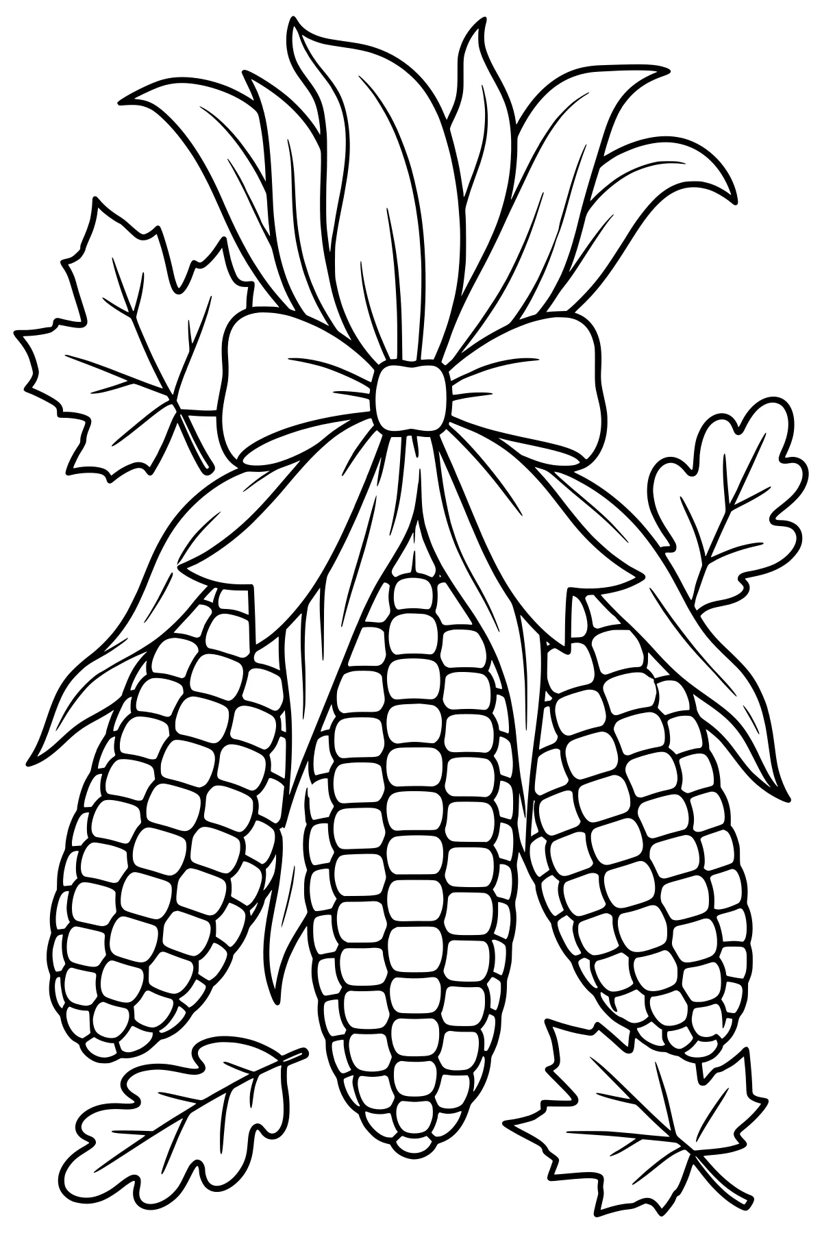 Corn cobs with rows of kernels, long husks, a large tied ribbon, and lobed leaves arranged around them.