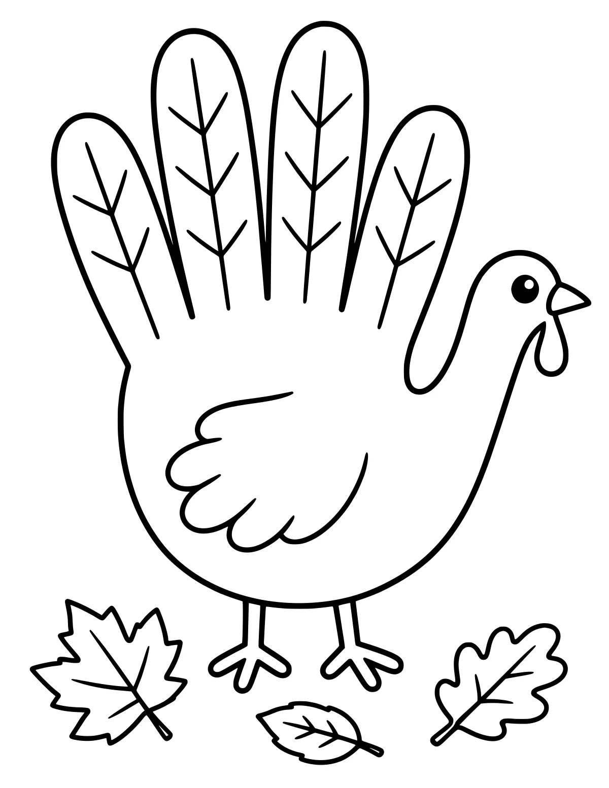 Hand-shaped turkey with finger feathers, a rounded wing, beak, wattle, legs, feet, and scattered autumn leaves below.