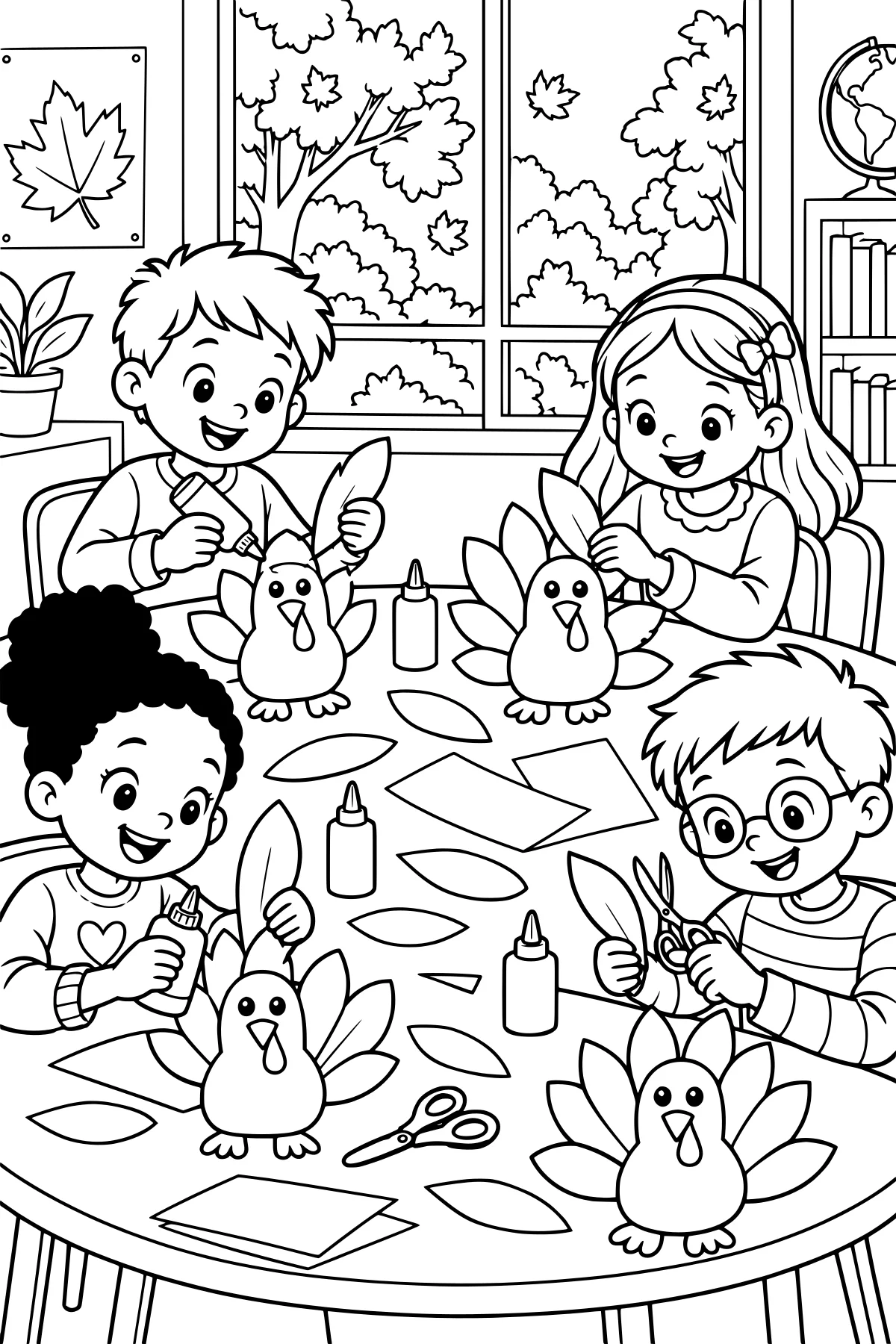 Children assembling paper turkey crafts around a classroom table with glue, scissors, and feather-shaped cutouts.