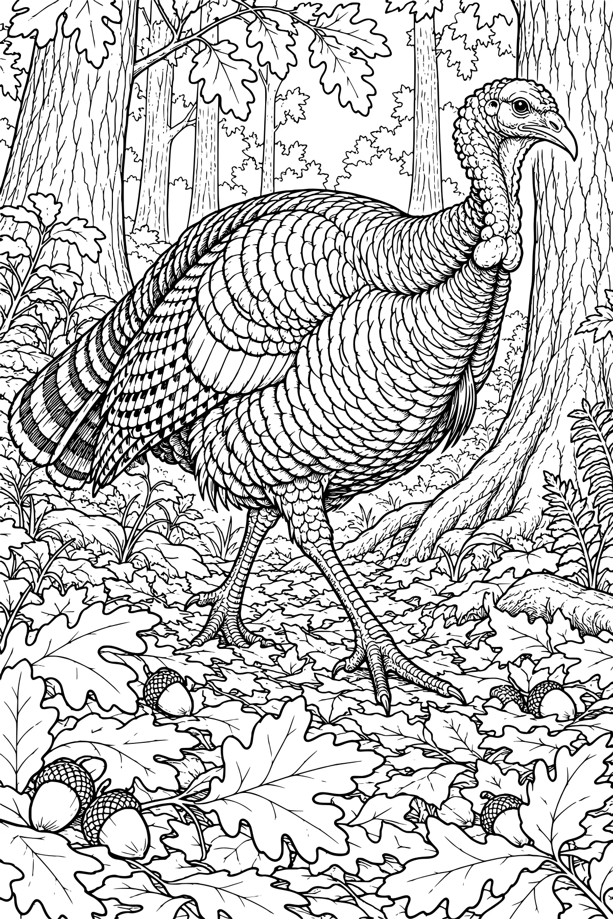 Realistic wild turkey standing among oak leaves and acorns beneath tall trees, with layered plumage and dense woodland plants.