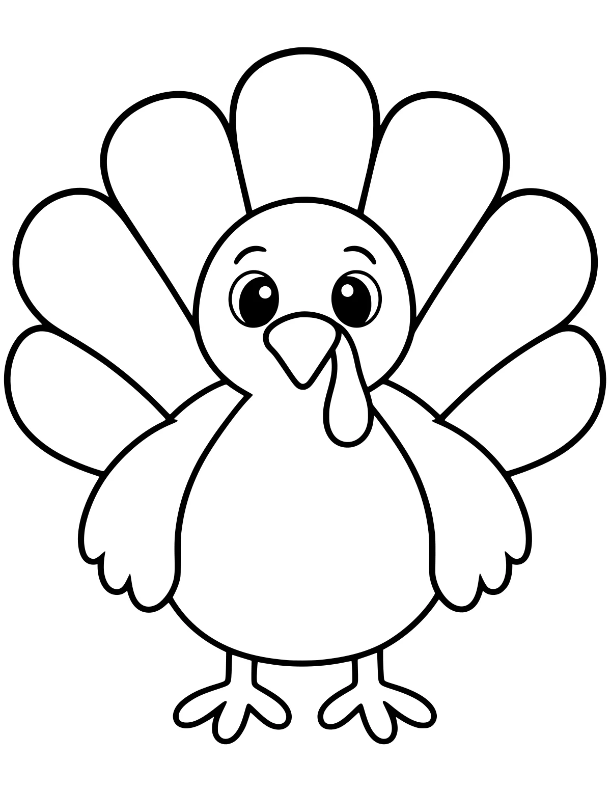 Front-facing cartoon turkey with wide eyes, rounded wings, a curved wattle, a plump body, feet, and large fan-shaped tail feathers.