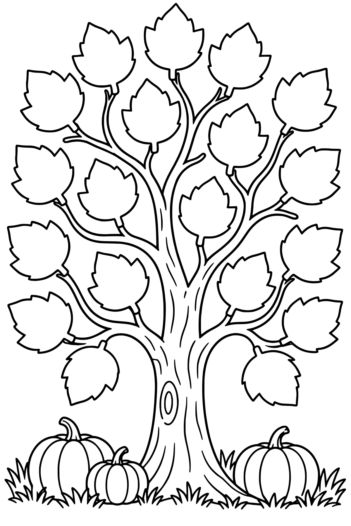 Branching tree with broad blank leaves, curved bark details, an oval trunk knot, pumpkins, and grass at the base.