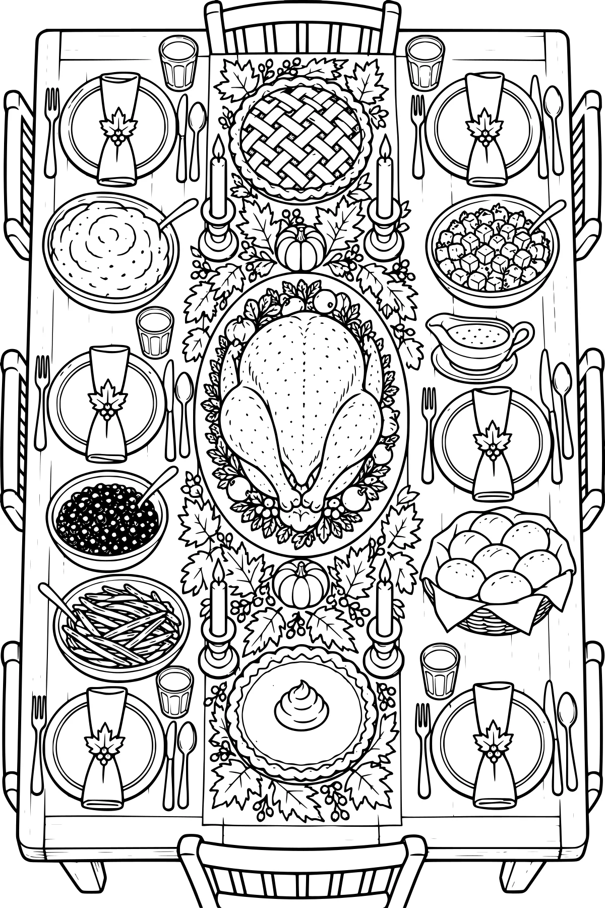 Overhead view of a holiday dining table with a roast bird, lattice pie, side dishes, rolls, place settings, candles, pumpkins, and leafy decorations.