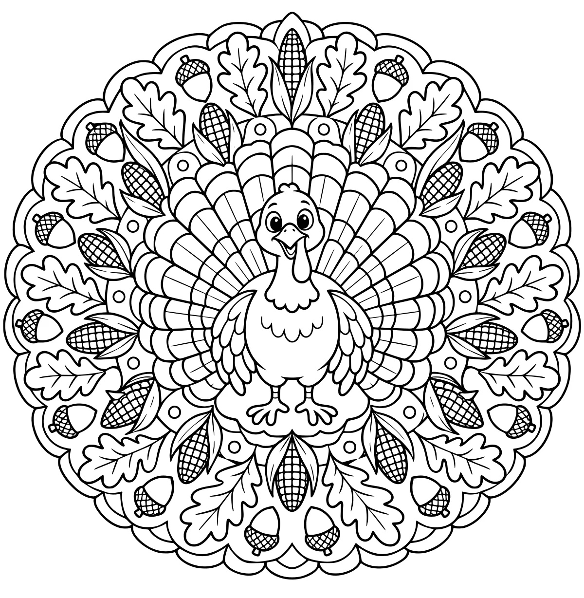 Turkey centered within a circular mandala of layered feathers, oak leaves, acorns, corn, and scalloped borders.