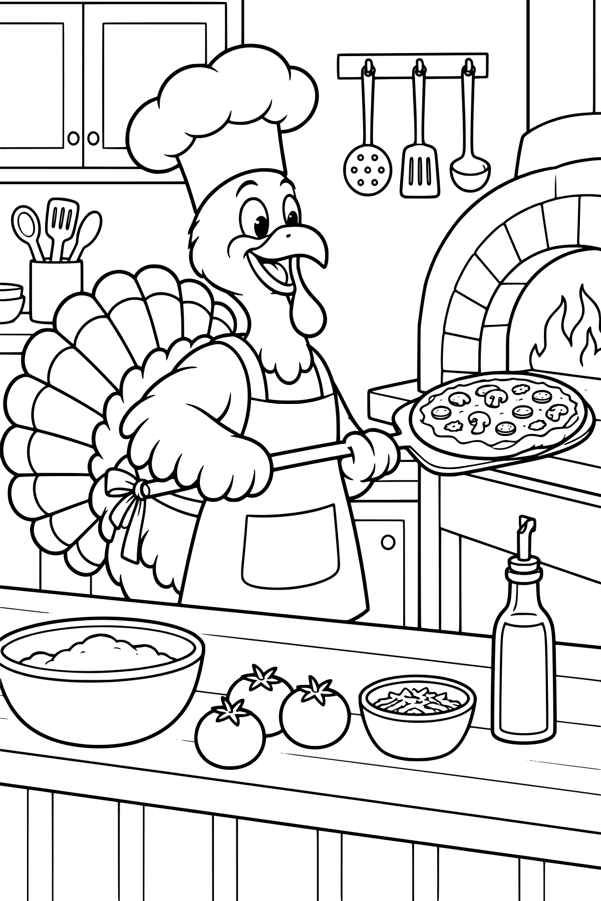 Turkey chef in a hat and apron holding a pizza peel beside a brick oven, with tomatoes, bowls, utensils, and a bottle on the kitchen counters.