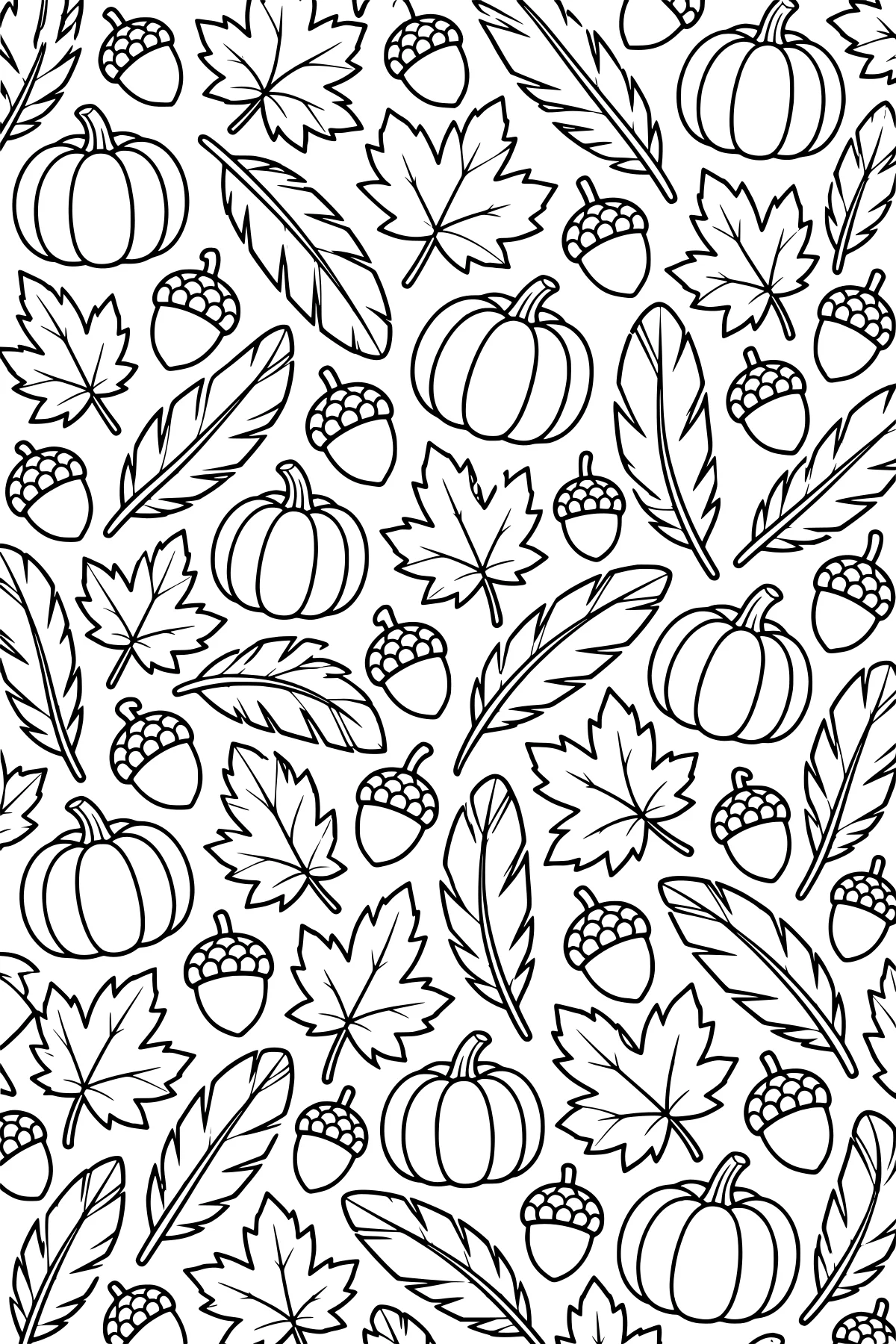 Repeating line-art pattern of pumpkins, acorns, maple leaves, and long feathers with stems, veins, caps, and interior markings.