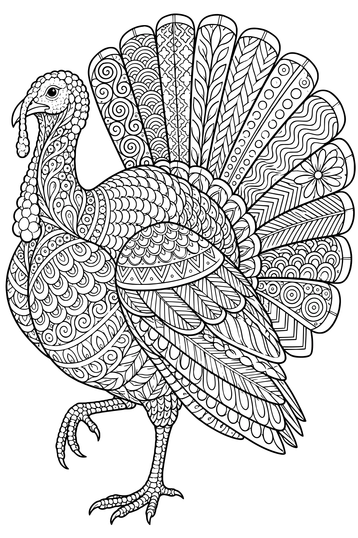 Standing turkey with a fanned tail and intricate swirls, scallops, leaves, flowers, waves, circles, and geometric patterns across its body and feathers.
