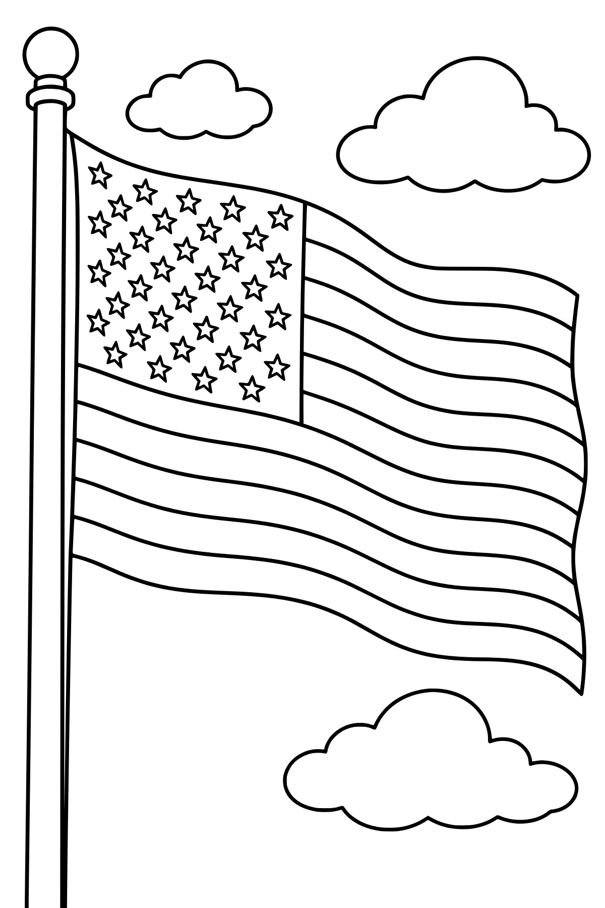 American flag billowing from a tall pole, with a star field, curved horizontal stripes, a round finial, and rounded clouds in the background.