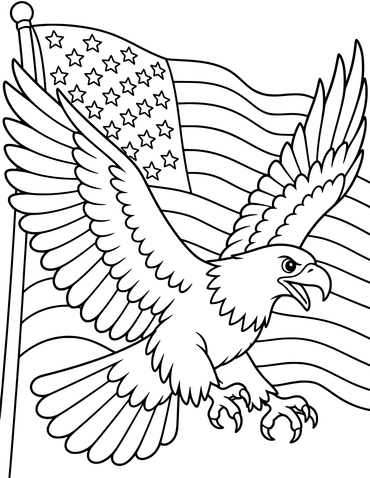 Bald eagle with spread wings, open beak and extended talons flying in front of a waving flag on a flagpole.