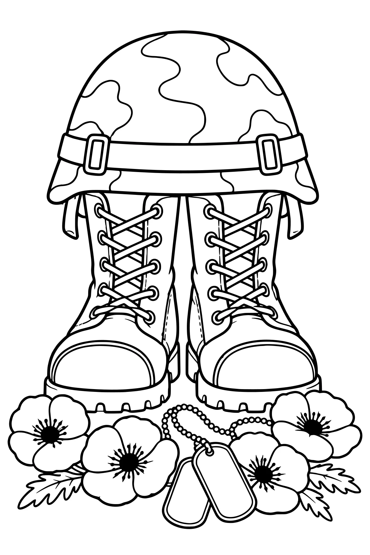 Helmet above laced boots, identification tags and open poppies with leafy sprigs