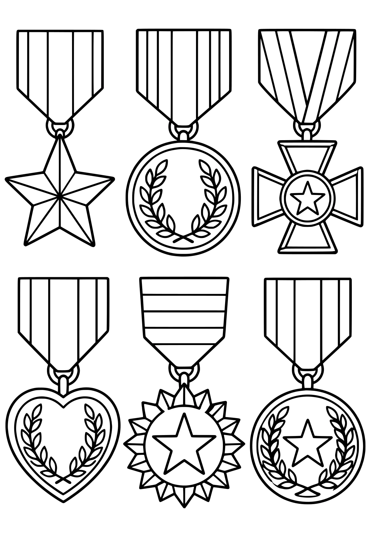 Military medals with striped ribbons, stars, leafy wreaths, geometric borders, and heart, cross, round, and sunburst shapes.