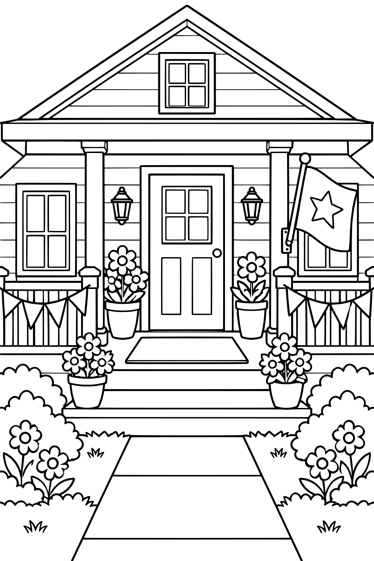 Front porch with triangular bunting, a star-marked flag, potted flowers, lanterns, steps, shrubs, and a walkway leading to the door.