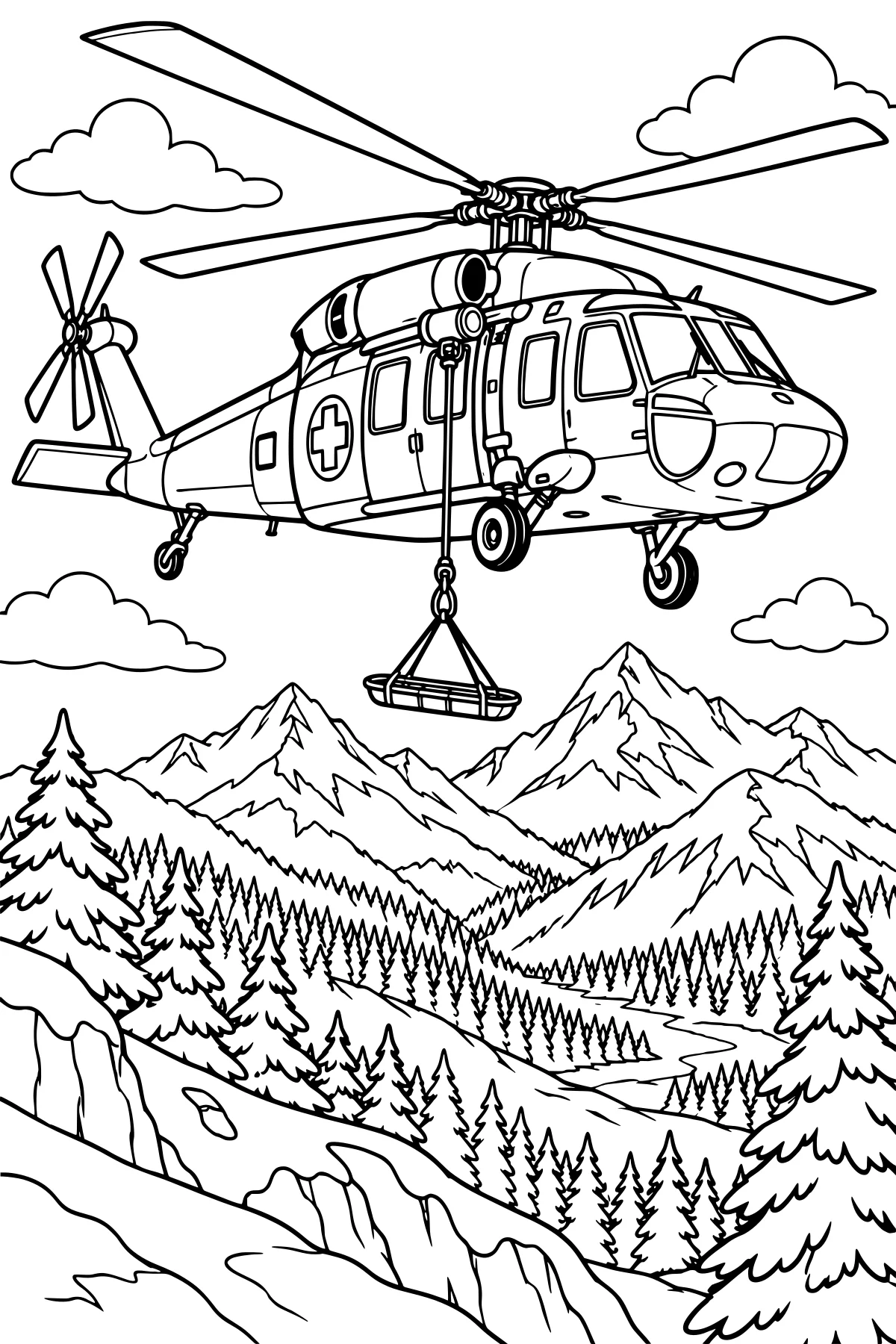 Rescue helicopter carrying a suspended basket above mountain peaks, pine forests, clouds, and a winding river.
