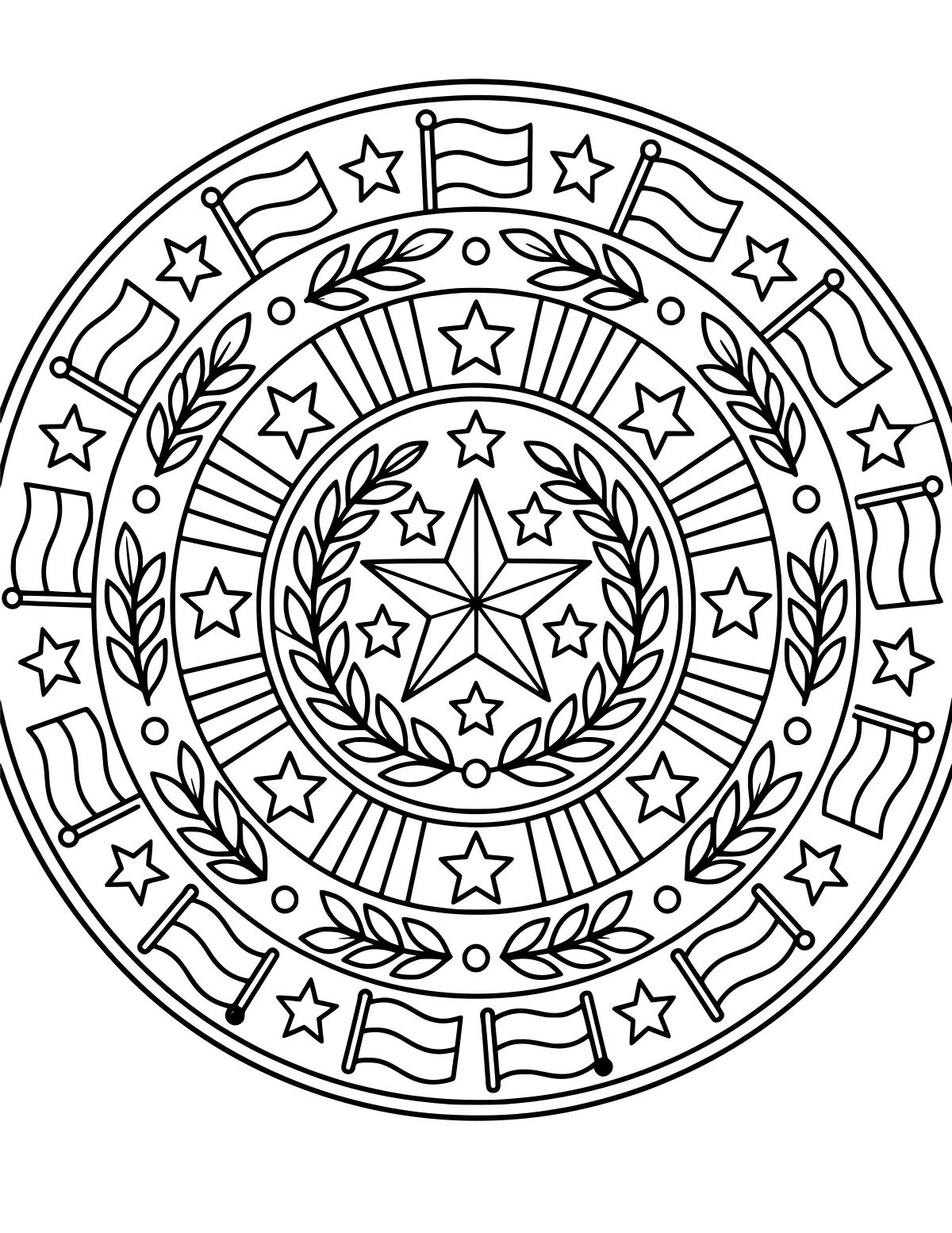 Circular line-art mandala with a central star, surrounding stars, striped flags, leafy branches, dots, and radiating bands.