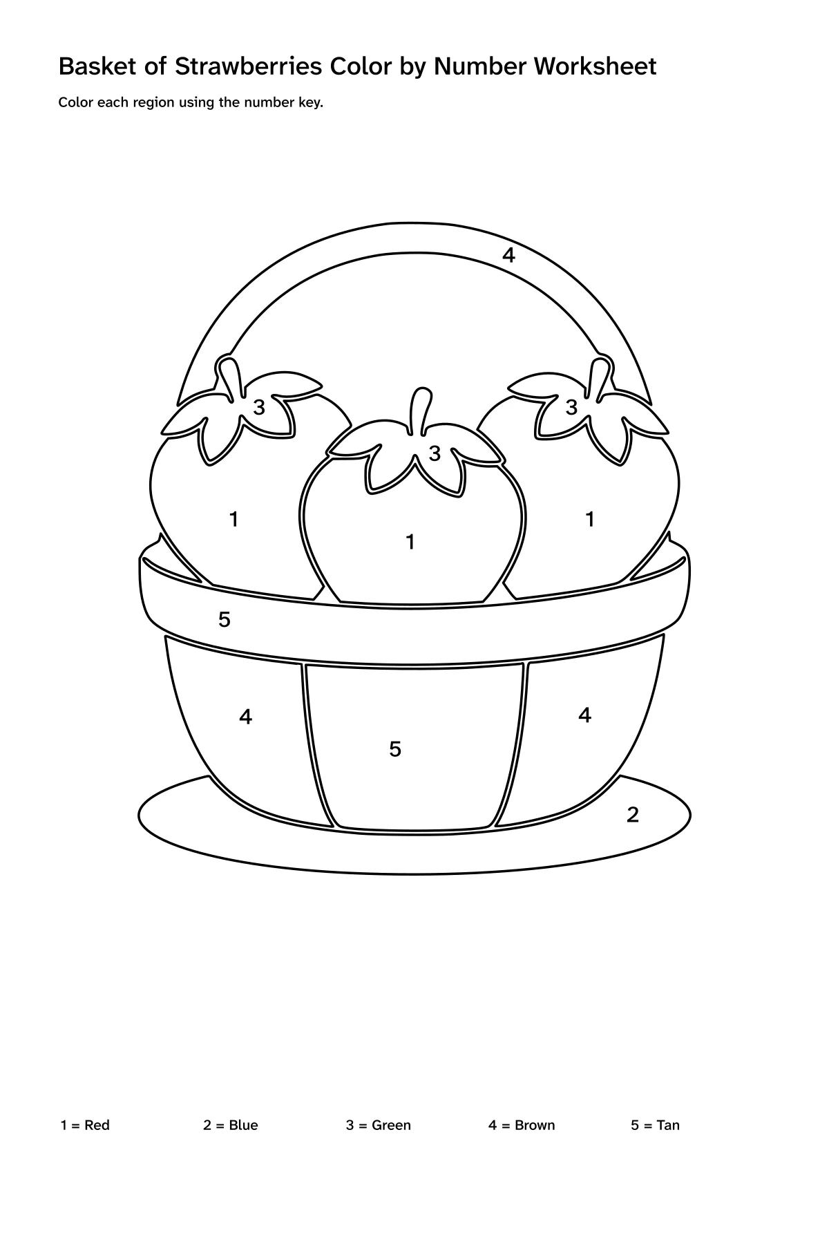 Printable basket of strawberries color-by-number worksheet with numbered regions and a color key