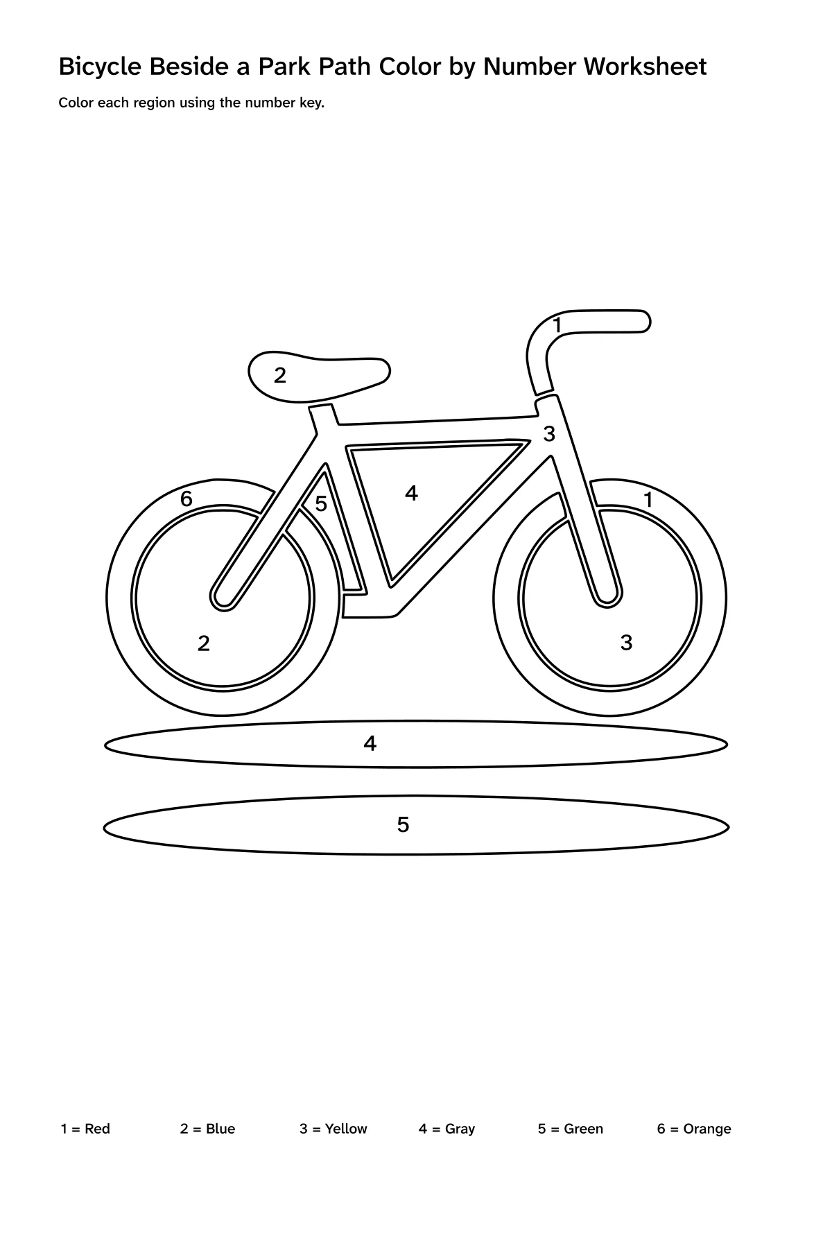Printable bicycle beside a park path color-by-number worksheet with numbered regions and a color key
