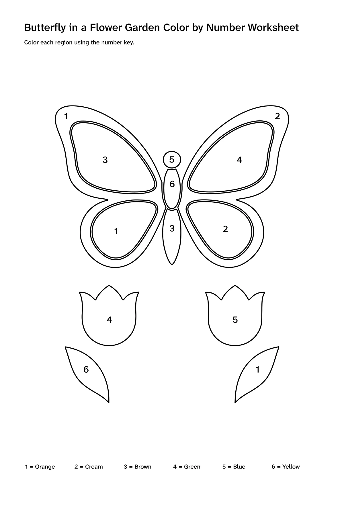 Printable butterfly in a flower garden color-by-number worksheet with numbered regions and a color key