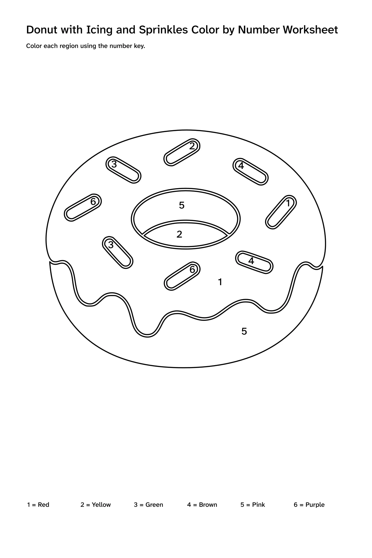 Printable donut with icing and sprinkles color-by-number worksheet with numbered regions and a color key