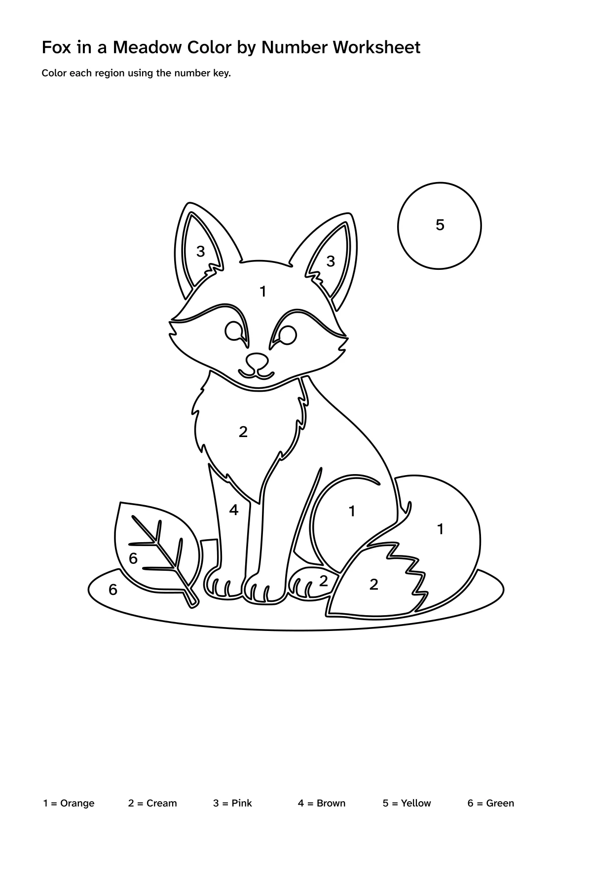 Printable fox in a meadow color-by-number worksheet with numbered regions and a color key