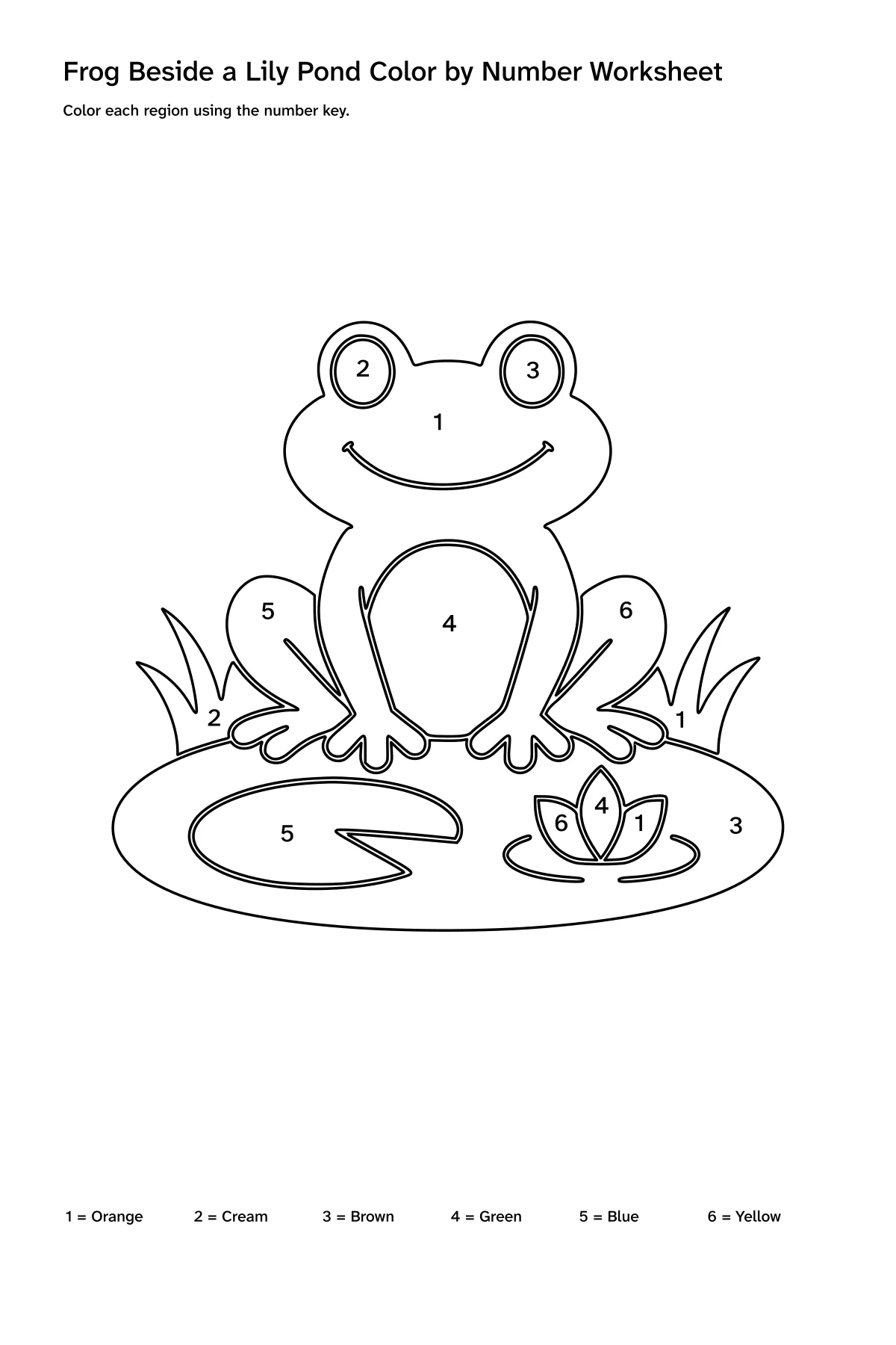 Printable frog beside a lily pond color-by-number worksheet with numbered regions and a color key