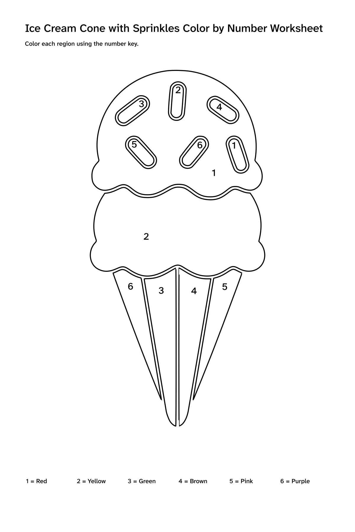 Printable ice cream cone with sprinkles color-by-number worksheet with numbered regions and a color key