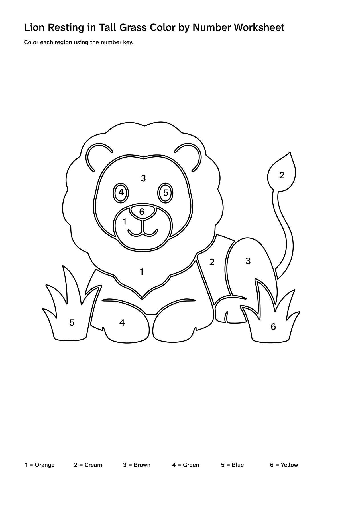 Printable lion resting in tall grass color-by-number worksheet with numbered regions and a color key