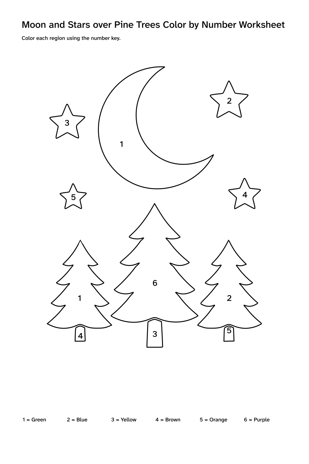 Printable moon and stars over pine trees color-by-number worksheet with numbered regions and a color key