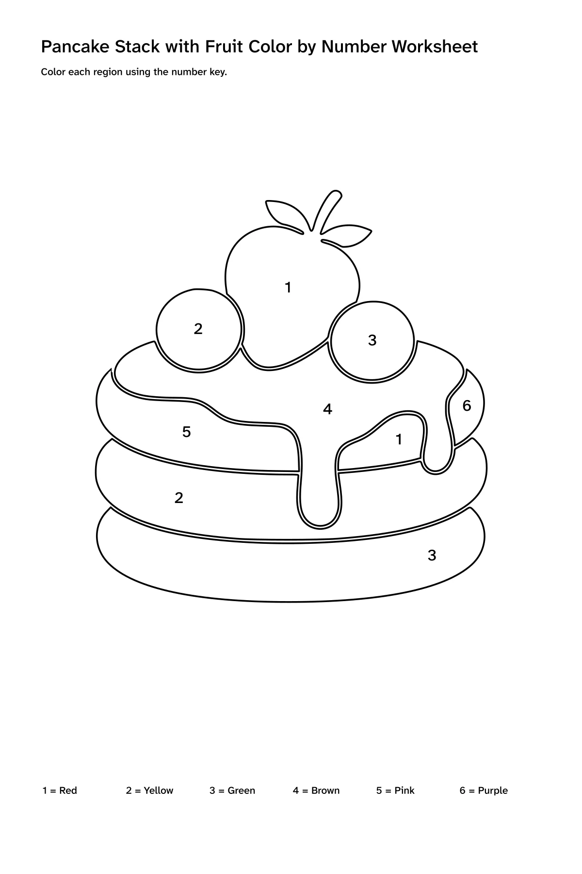 Printable pancake stack with fruit color-by-number worksheet with numbered regions and a color key