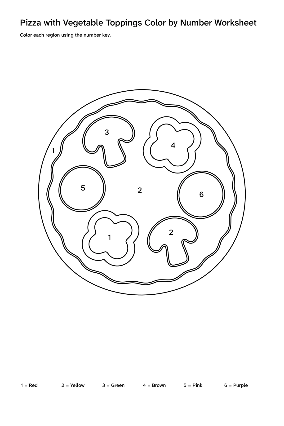 Printable pizza with vegetable toppings color-by-number worksheet with numbered regions and a color key