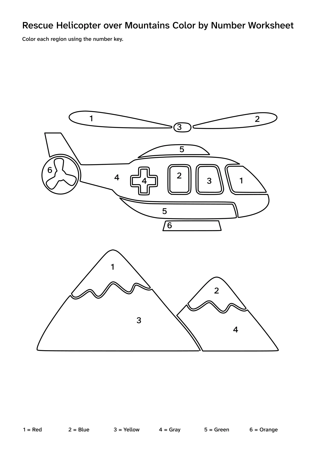 Printable rescue helicopter over mountains color-by-number worksheet with numbered regions and a color key