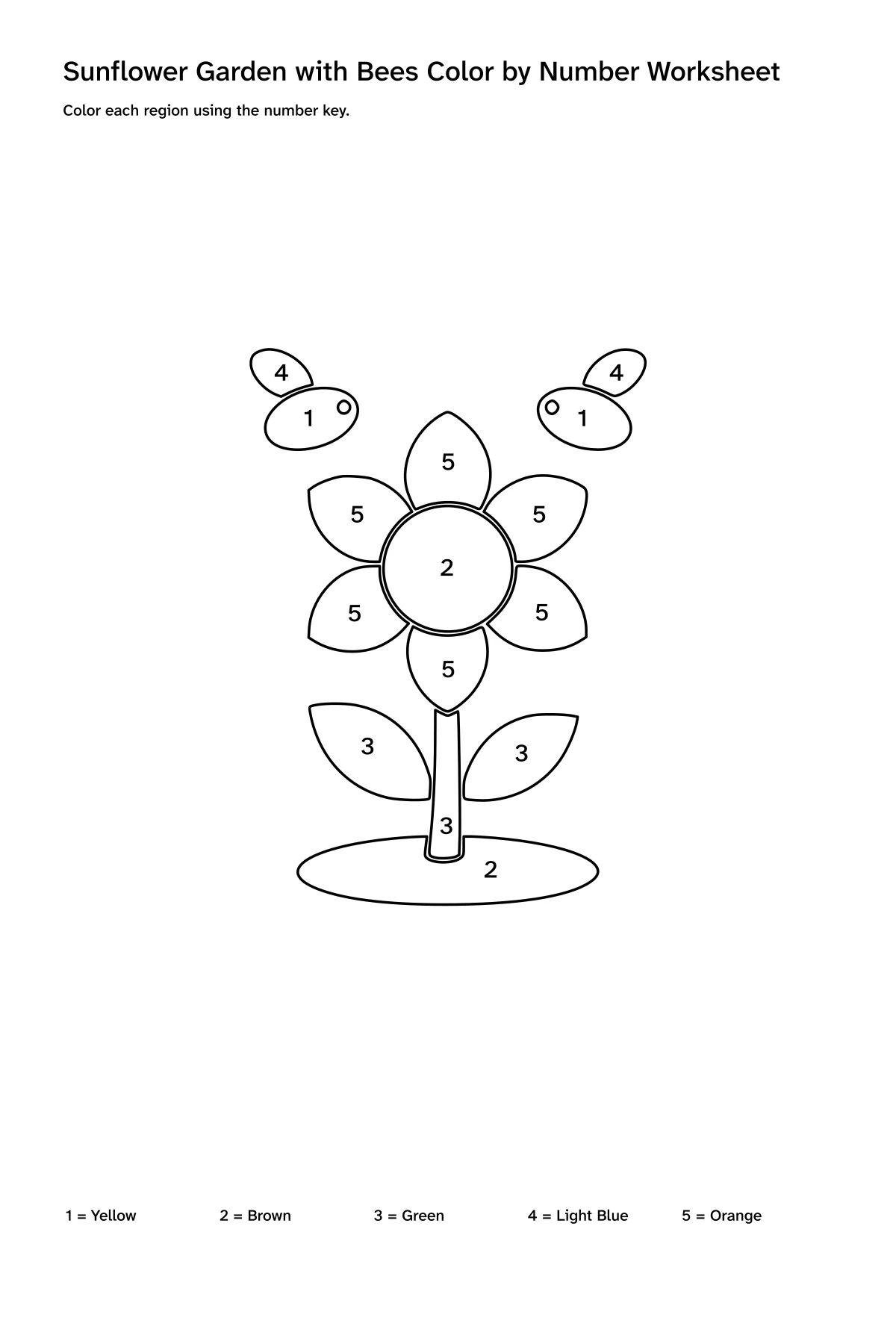 Printable sunflower garden with bees color-by-number worksheet with numbered regions and a color key
