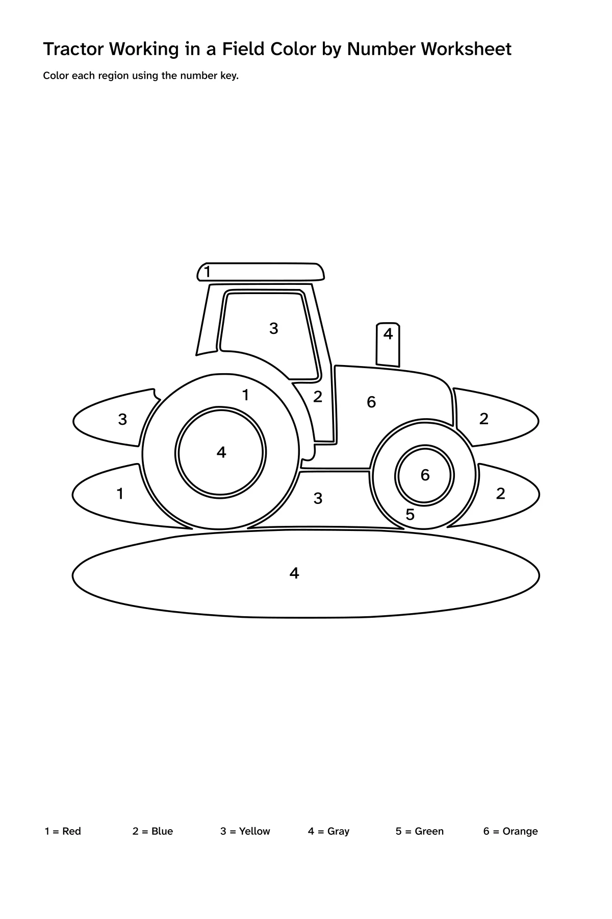 Printable tractor working in a field color-by-number worksheet with numbered regions and a color key