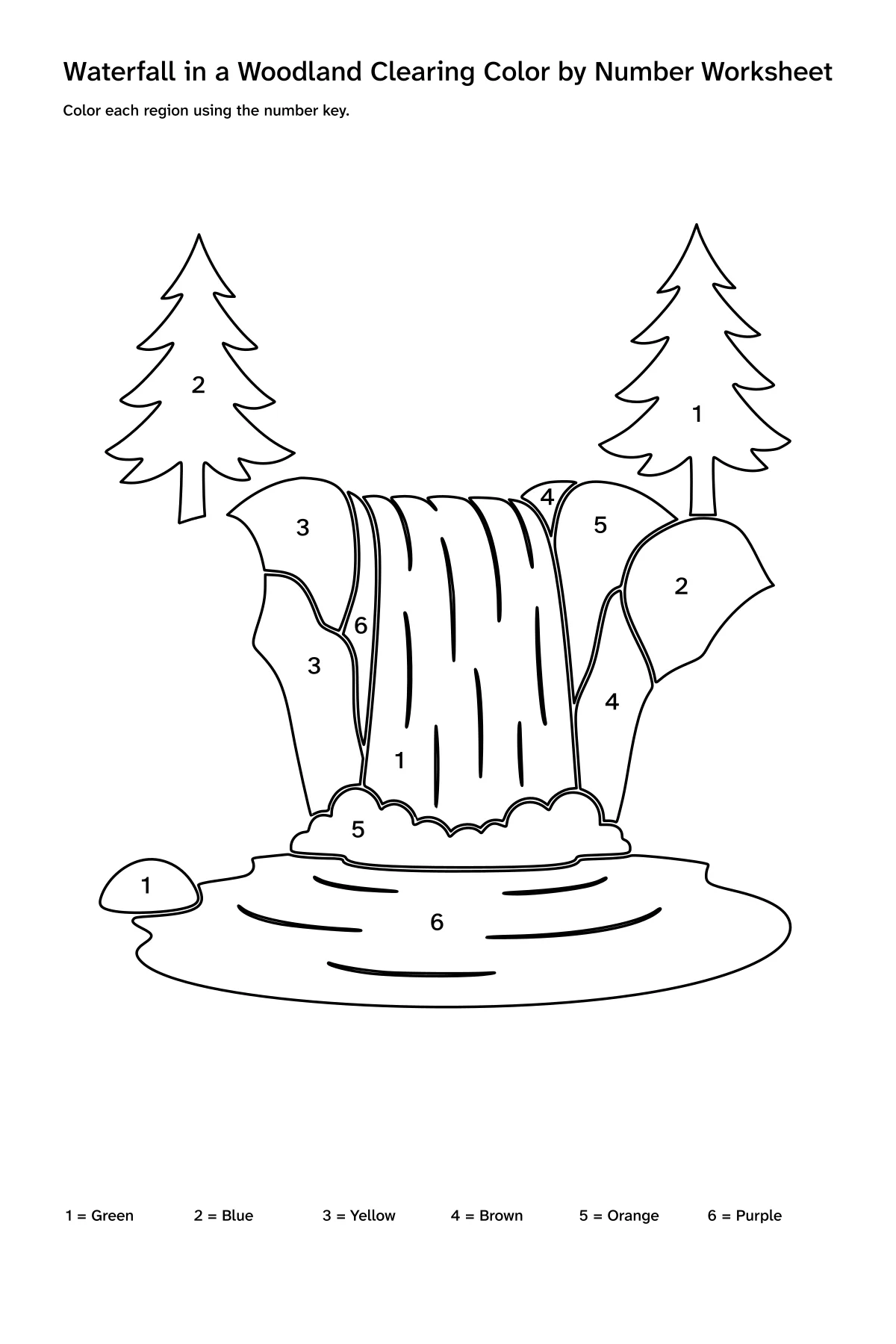 Printable waterfall in a woodland clearing color-by-number worksheet with numbered regions and a color key