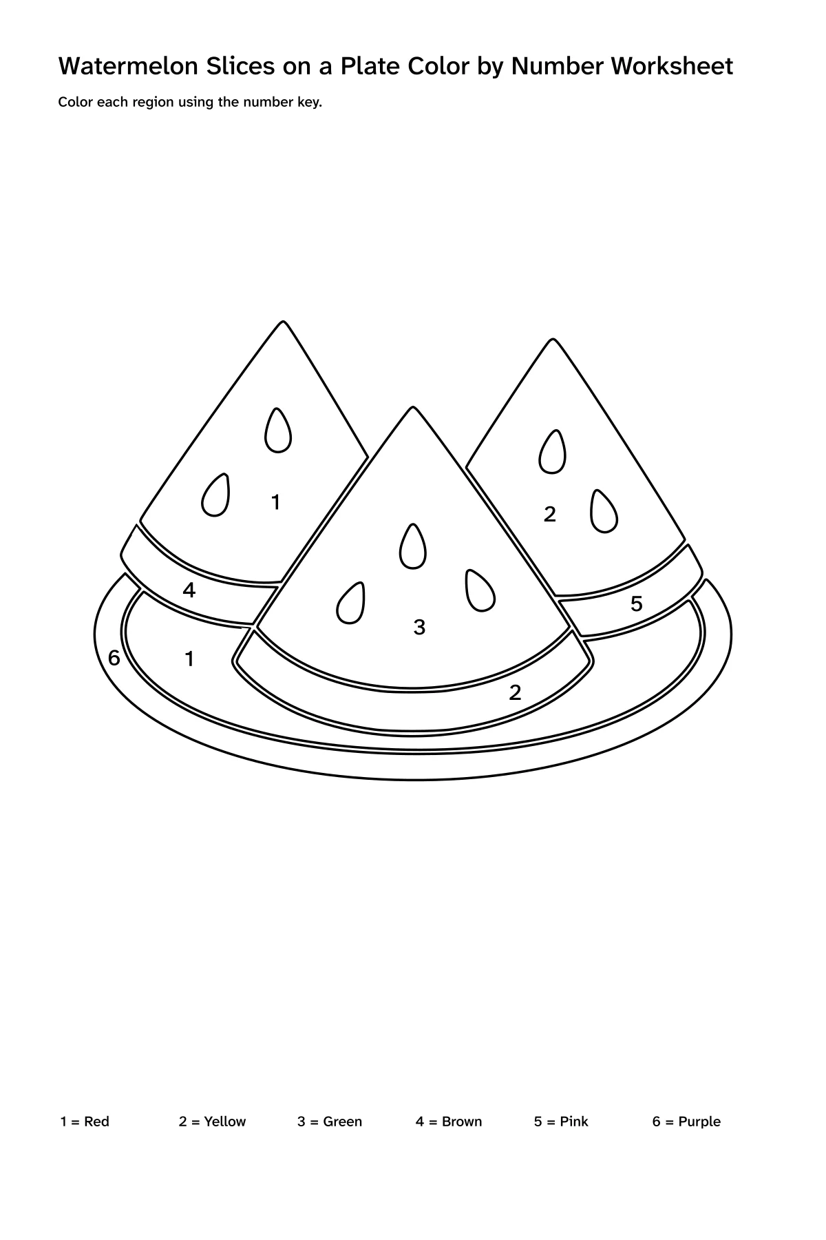 Printable watermelon slices on a plate color-by-number worksheet with numbered regions and a color key