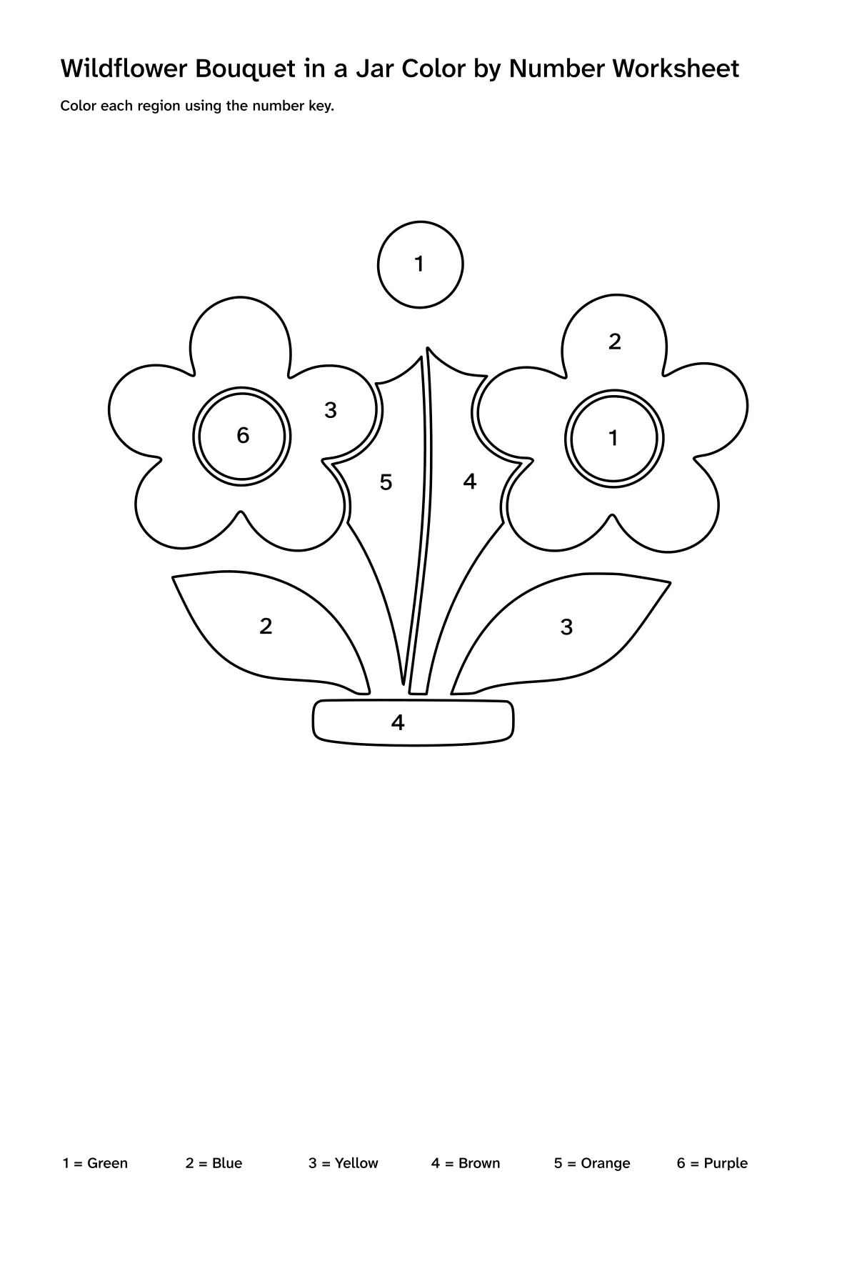 Printable wildflower bouquet in a jar color-by-number worksheet with numbered regions and a color key
