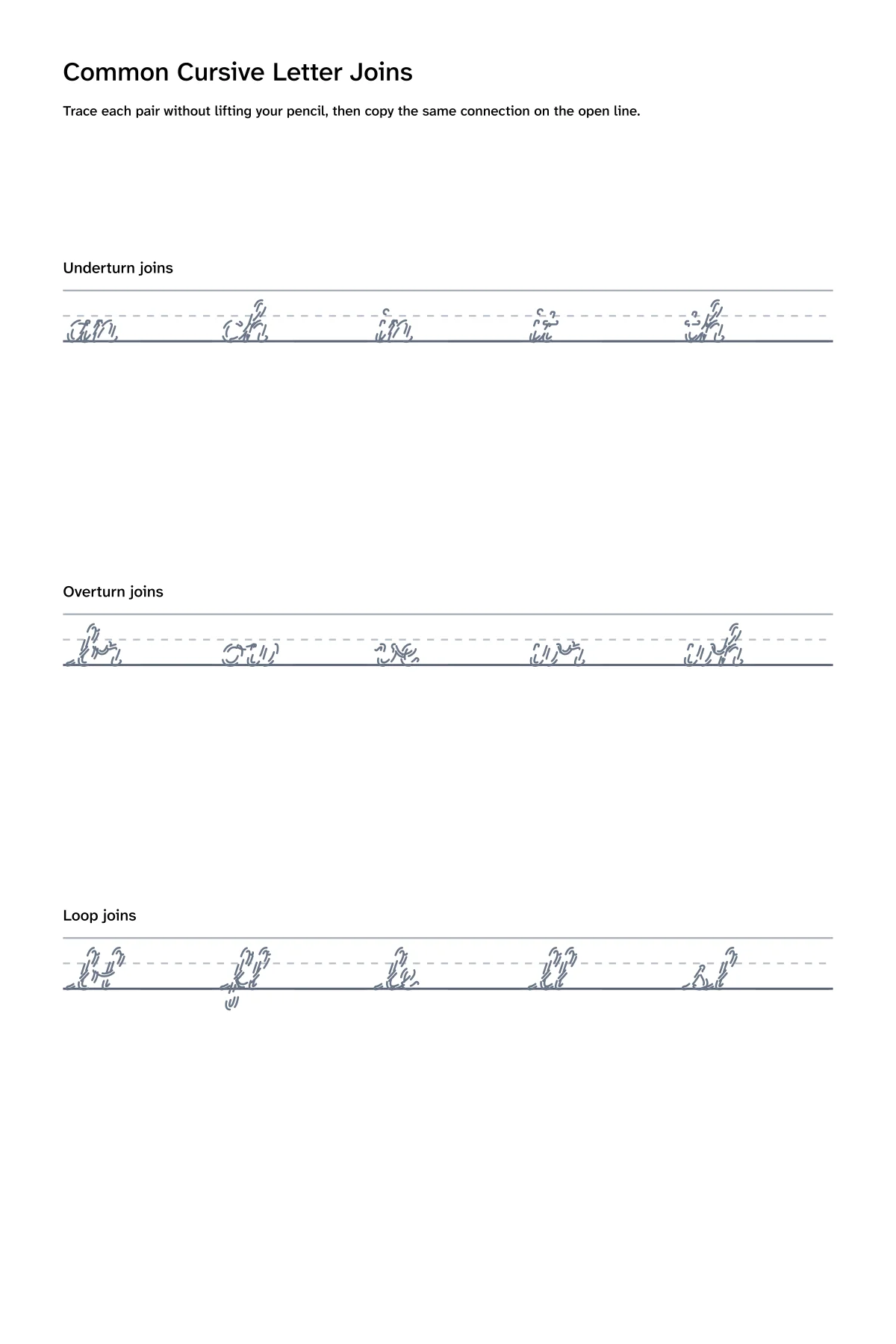 Printable worksheet for practicing common cursive letter joins and connecting strokes